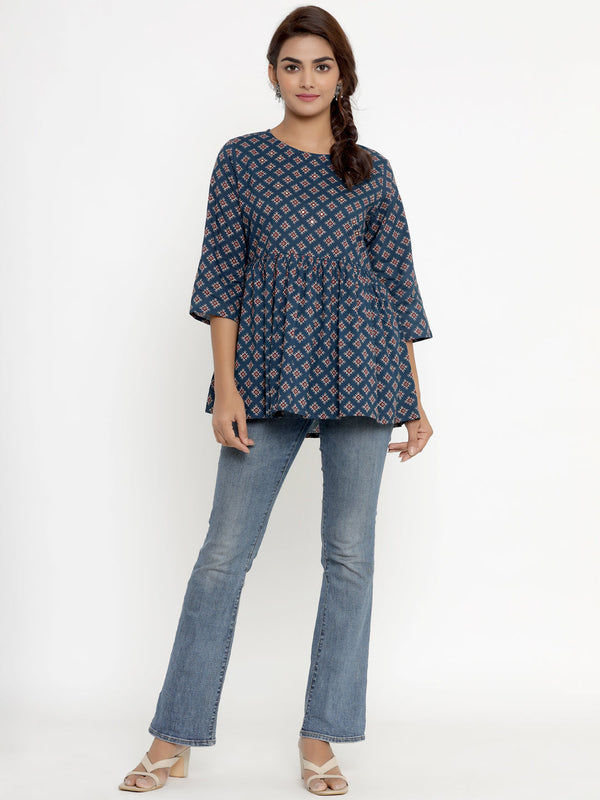 Women's Blue And Maroon Print Pure Cotton Tunic - Miravan