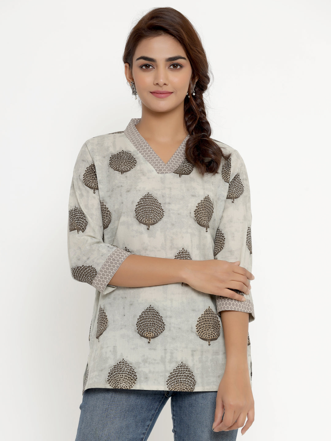 Women's Brown Floral Printed Pure Cotton Tunic - Miravan