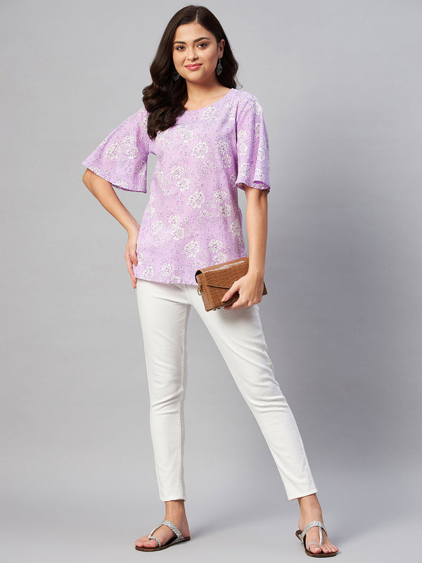 Women's Lavender-Coloured Bell Sleeve Floral Print Kurti - Miravan