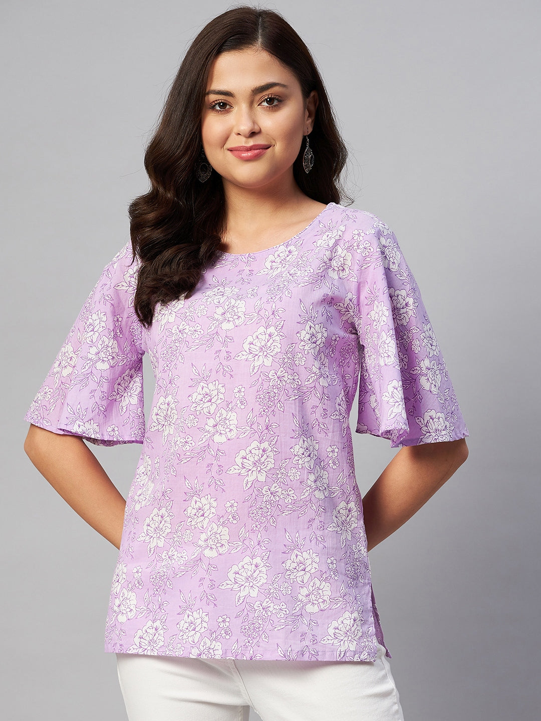 Women's Lavender-Coloured Bell Sleeve Floral Print Kurti - Miravan