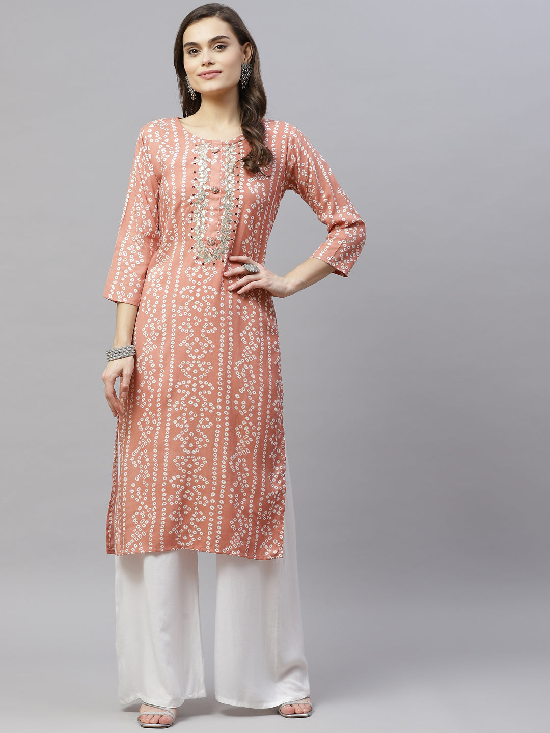 Women's Printed & Embroidered Straight Rayon Peach Kurta - Miravan