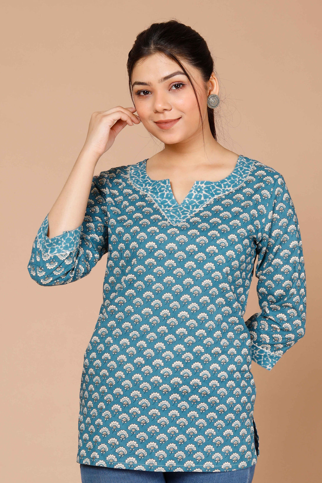 Women's Blue Floral Printed Pure Cotton Regular Kurti - Miravan