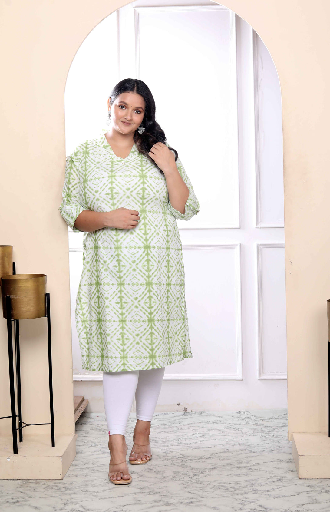 Women's Plus Size White And Green Tie Dye Cotton Kurti - Miravan