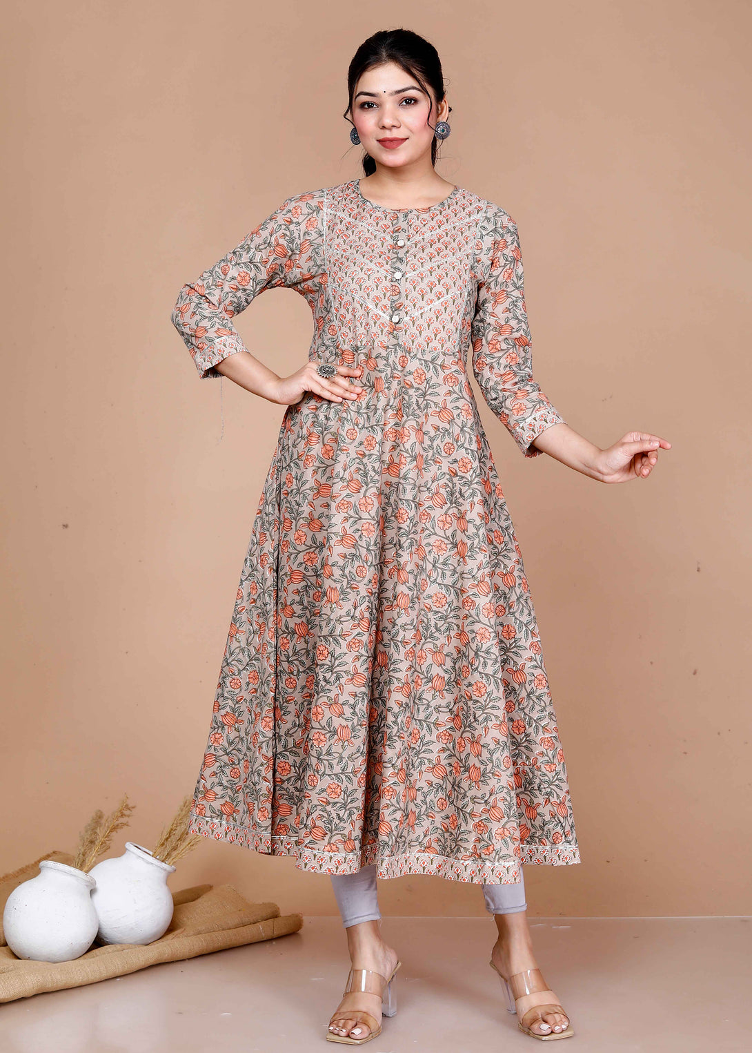 Women'S Cotton Floral Printed Anarkali Kurta For - Miravan