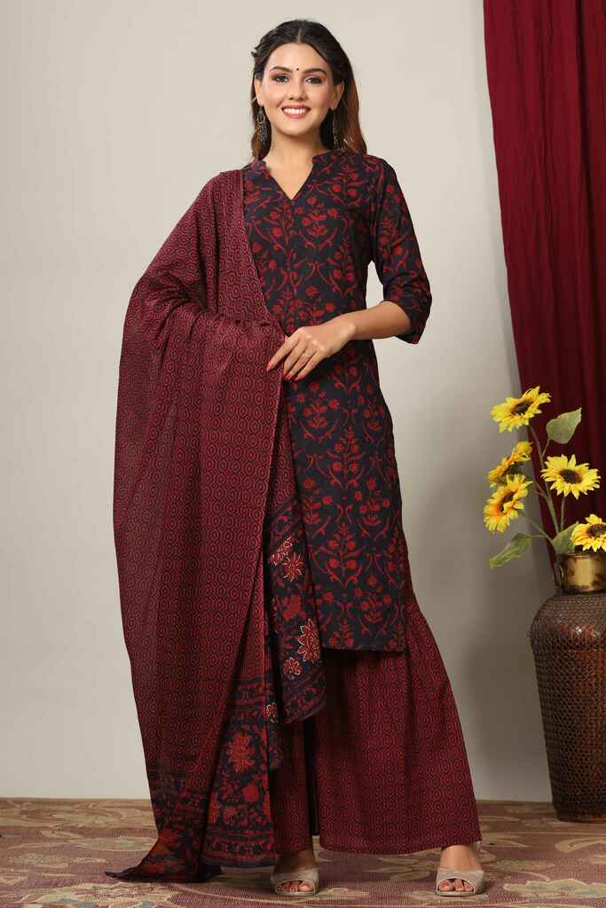 Women's Pure Cotton Printed Straight Kurta And Sharara With Dupatta Set  - Miravan