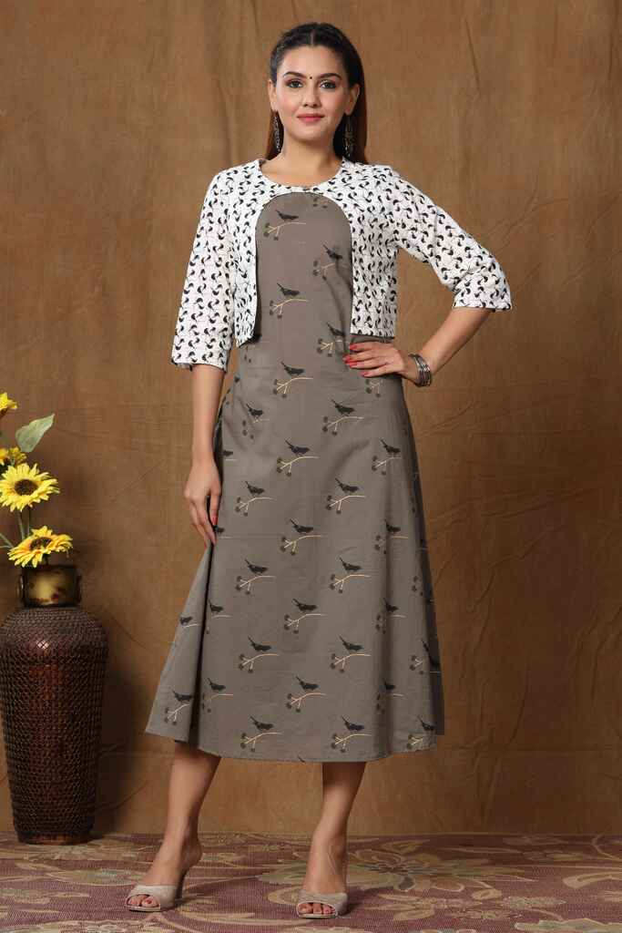 Women's Grey Bird Printed A-Line Kurta & Short Jacket - Miravan