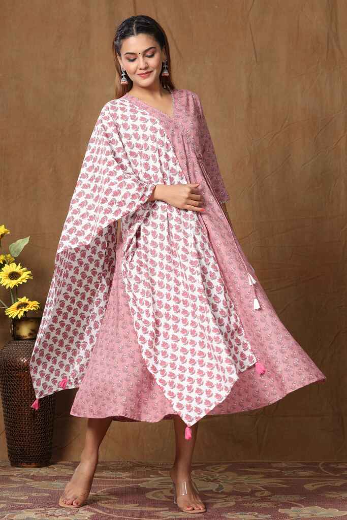 Women's Pink Floral Printed Pure Cotton Kurta With Dupatta Set - Miravan