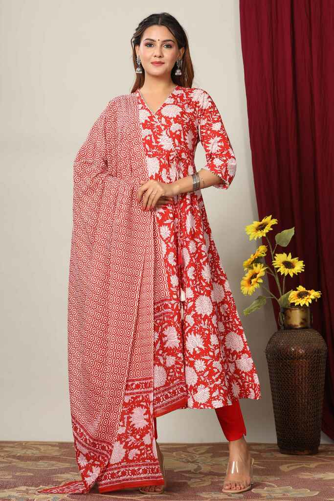 Women's Red Floral Printed Gotta Patti Pure Cotton Kurta With Dupatta Set - Miravan