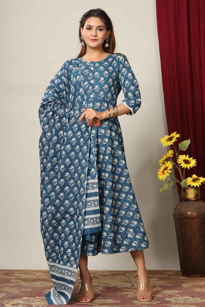 Women's Blue Floral Printed Anarkali Kurta With Dupatta - Miravan