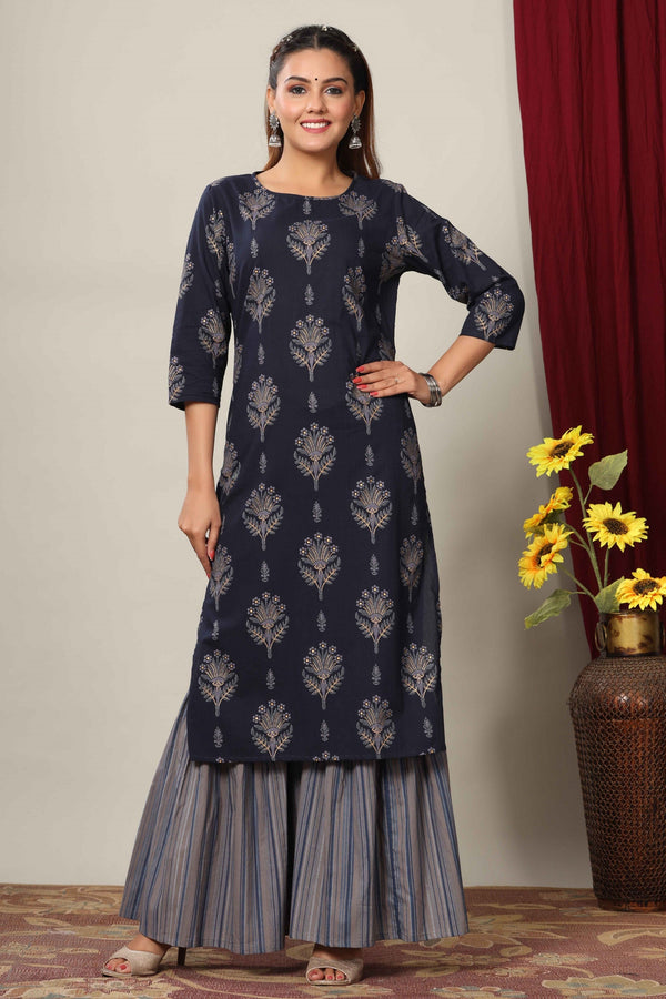 Women's Blue & Grey Printed Pure Cotton Kurta With Sharara - Miravan