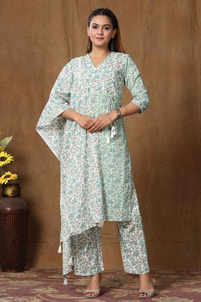 Women's Green Floral Printed Pure Cotton Kurta With Palazzo & With Dupatta - Miravan