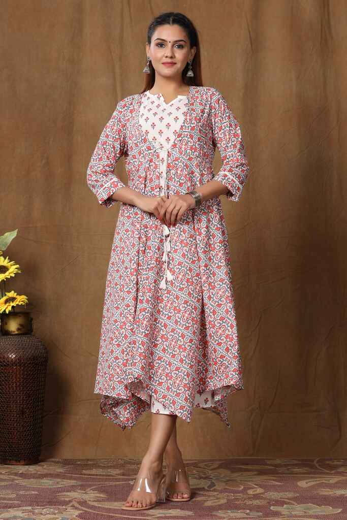 Women's Cotton Floral Printed Anarkali Kurta With Jacket - Miravan