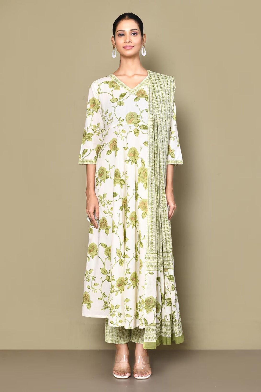 Women's Green Printed Anarkali Kurta With Palazzo And Dupatta  - Miravan