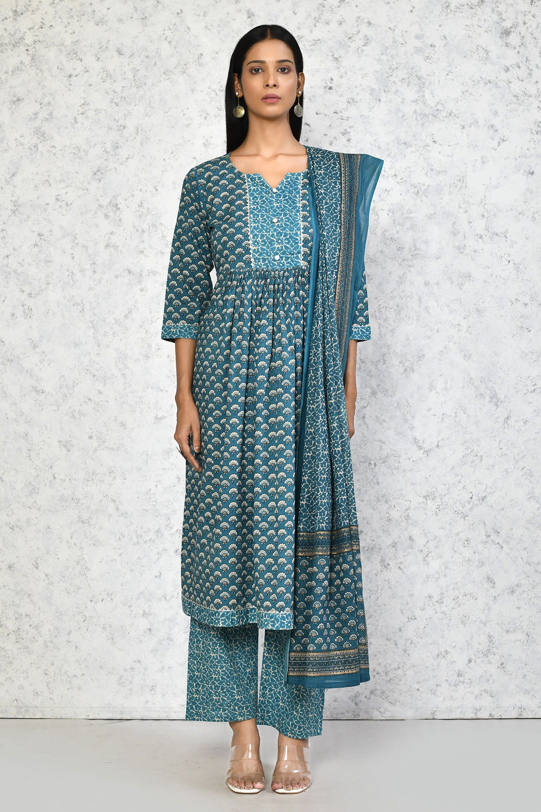 Women's Blue Ethnic Motifs Printed Gotta Patti Cotton Kurta With Palazzo & Dupatta  - Miravan