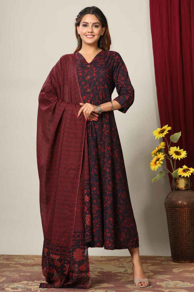 Women's Maroon Printed Cotton Anarkali Kurta & Dupatta - Miravan