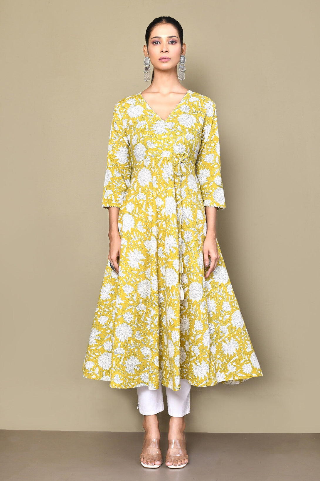 Women's Cotton Floral Printed Yellow Anarkali Kurta - Miravan