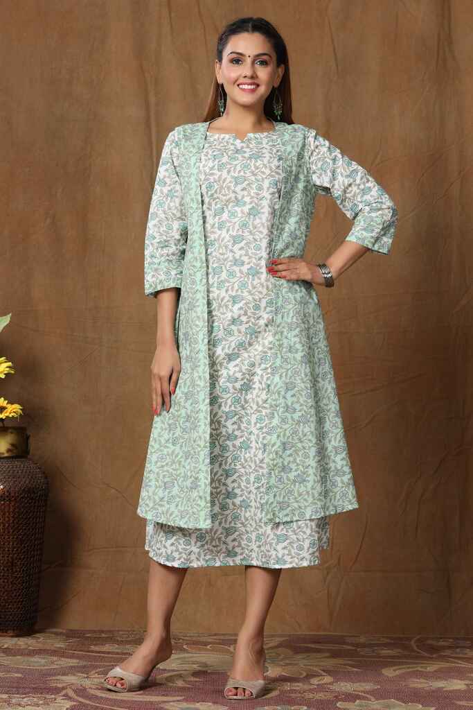 Women's Cotton Floral Printed A Line Kurta With Jacket - Miravan