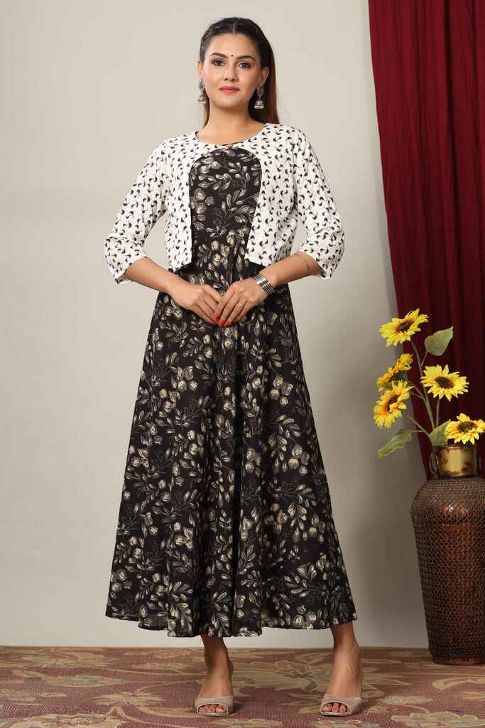 Women's Anarkali Jaipuri Cotton Floral Print Long Kurta With Jacket  - Miravan