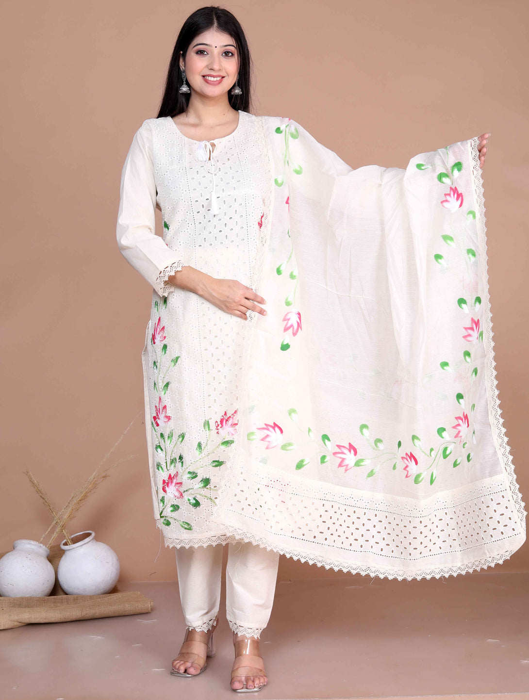 Women's Cream Hand Block Cotton Pakistani Kurta Palazzo With Dupatta Set - Miravan