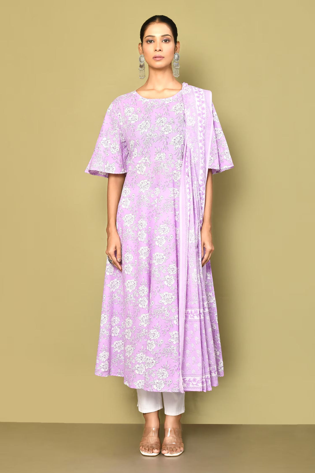 Women's Lavender Floral Flared Sleeves Anarkali Kurta With Dupatta - Miravan