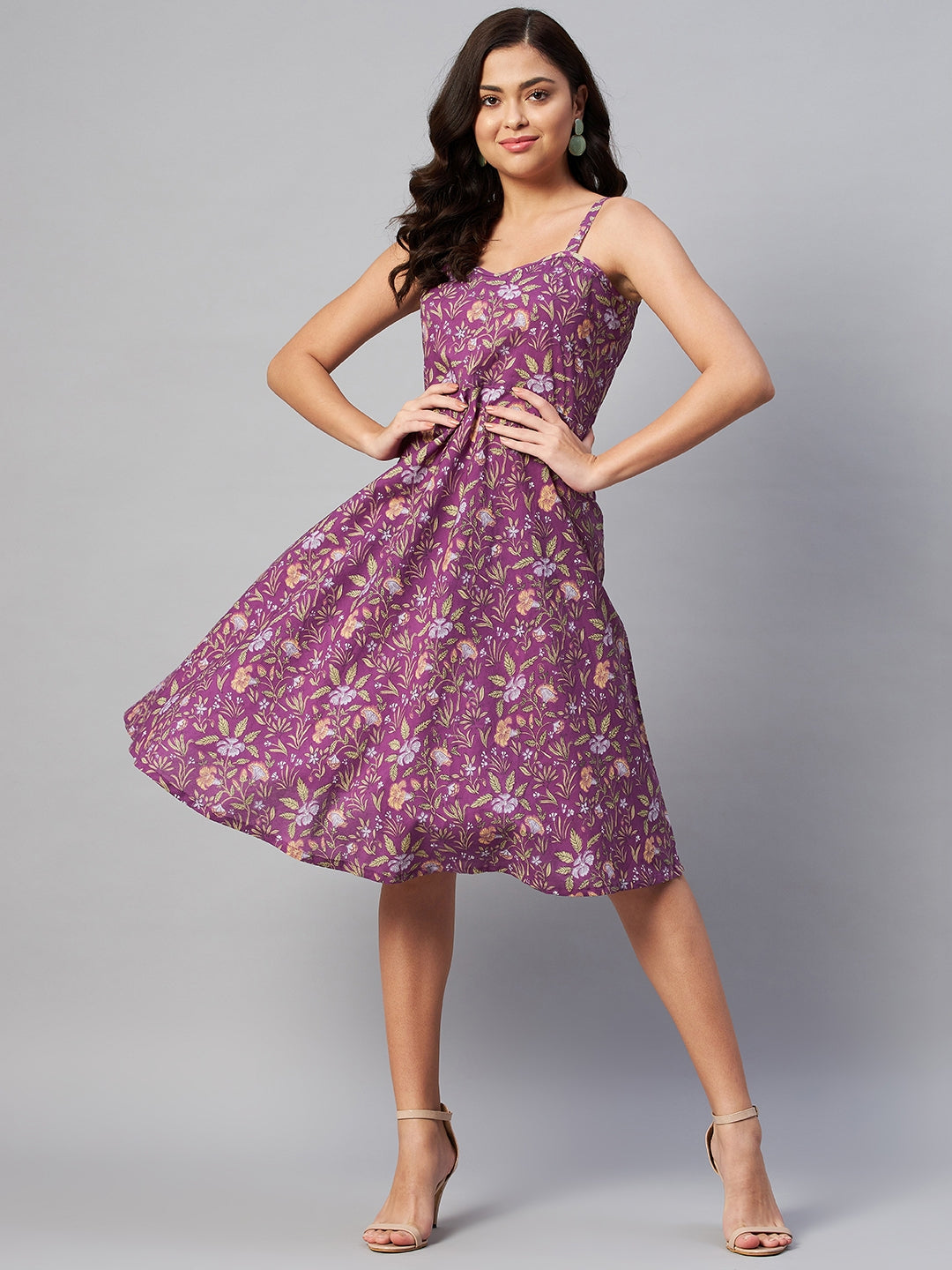 Women's Purple Floral Printed Midi Length Dress - Miravan