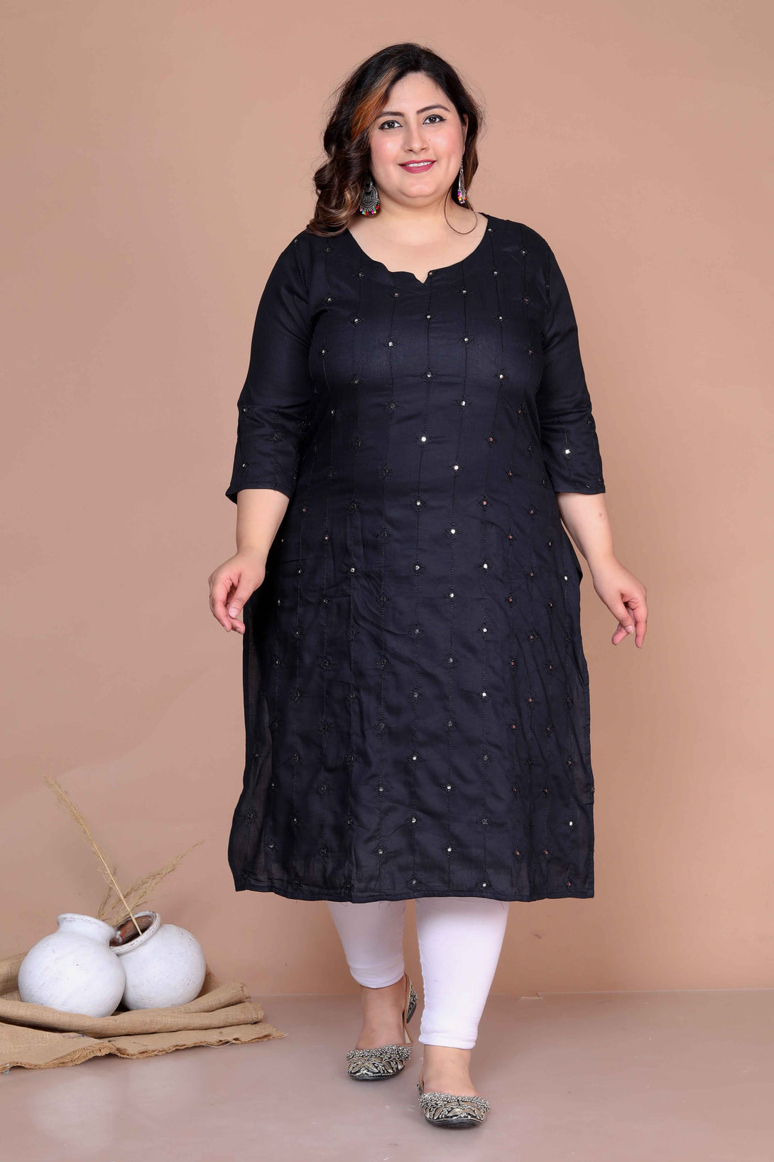 Women's Plus Size Black Mirror Work Embroidered Pakistani Straight Kurti - Miravan