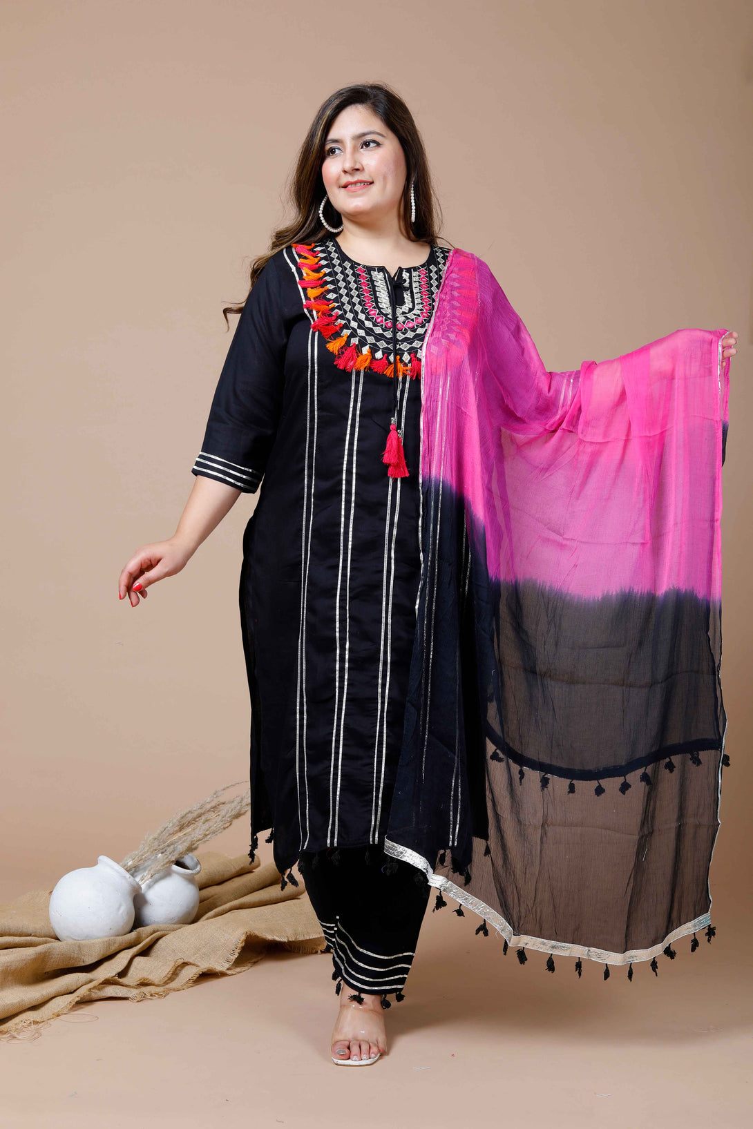 Women's Plus Size Black Embroidered Straight Kurta And Palazzo With Dupatta Set - Miravan