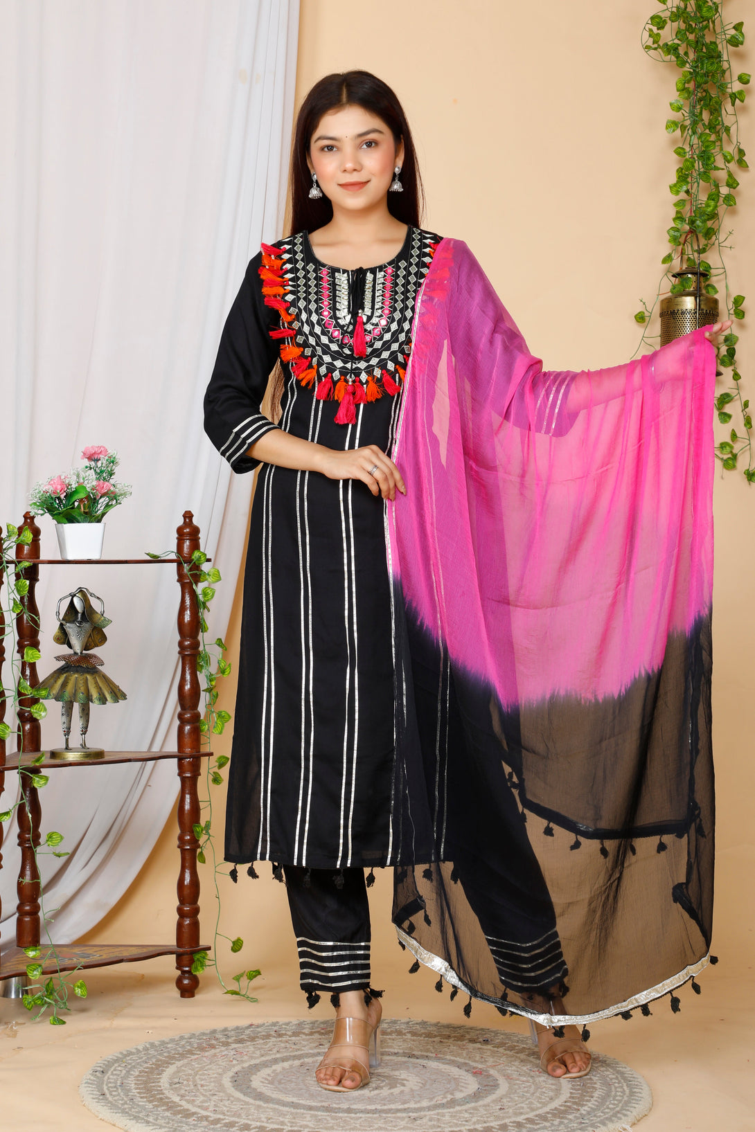 Women's Black Embroidered Straight Kurta And Palazzo With Dupatta Set - Miravan