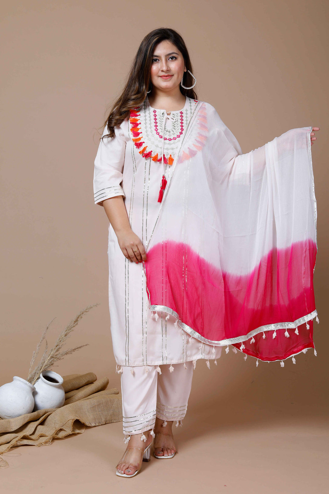 Women's Plus Size Peach Gota Work Kurta & Palazzo With Dupatta - Miravan