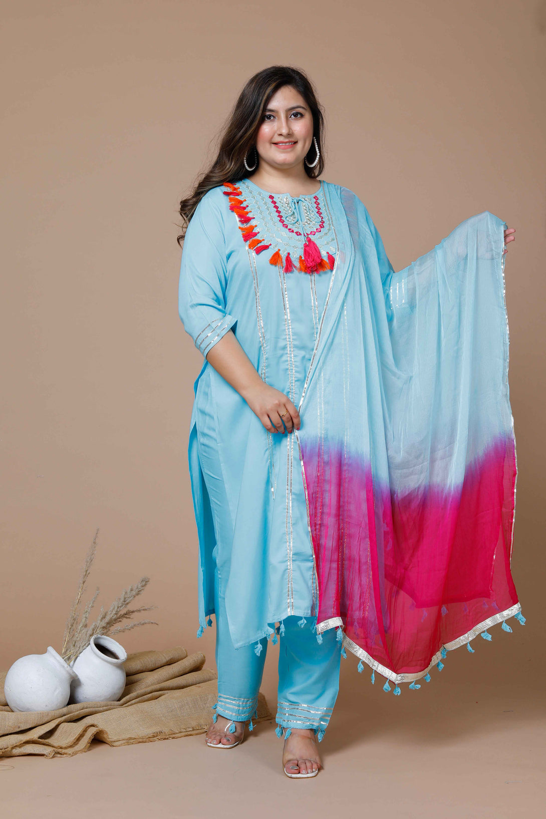 Women's Plus Size Sky Blue Embroidered Straight Kurta And Palazzo With Dupatta Set - Miravan