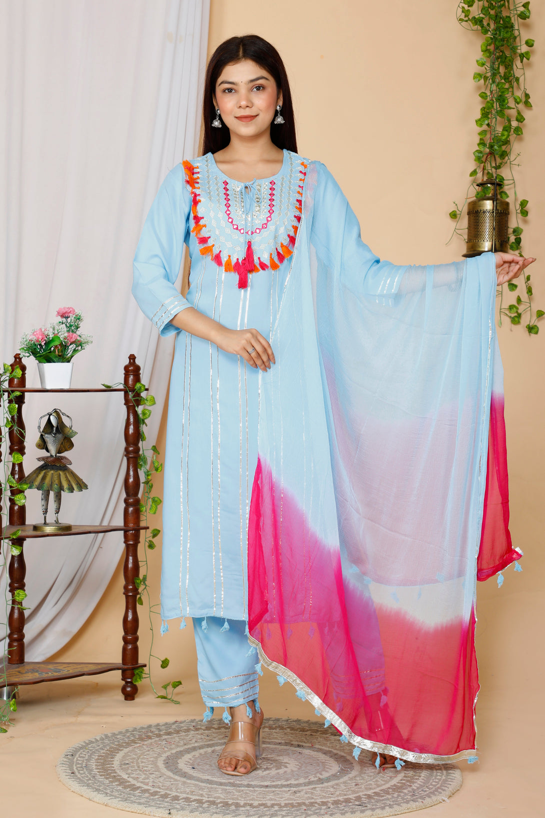 Women's Sky Blue Embroidered Straight Kurta And Palazzo With Dupatta Set - Miravan