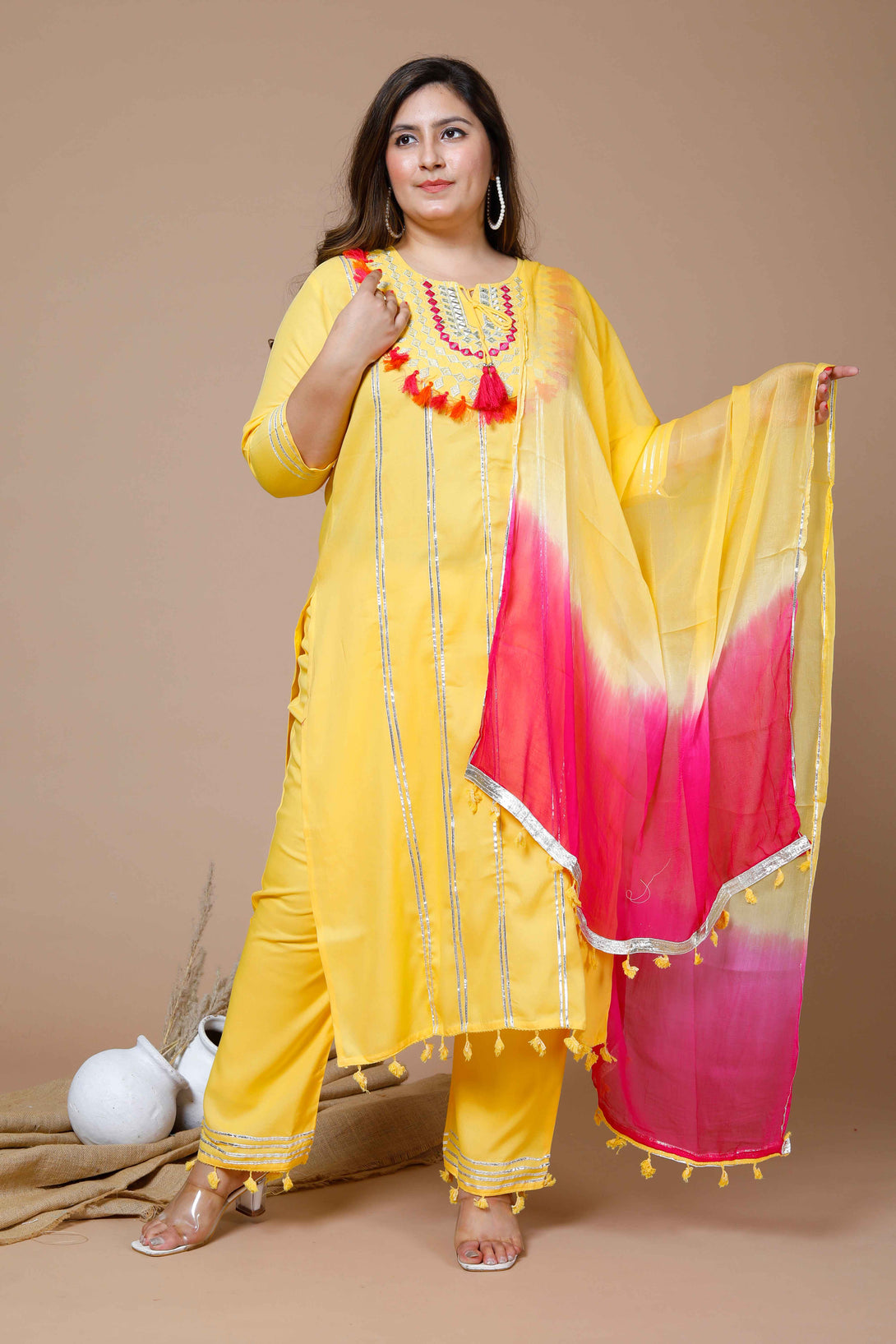 Women's Plus Size Yellow Embroidered Straight Kurta And Palazzo With Dupatta Set - Miravan