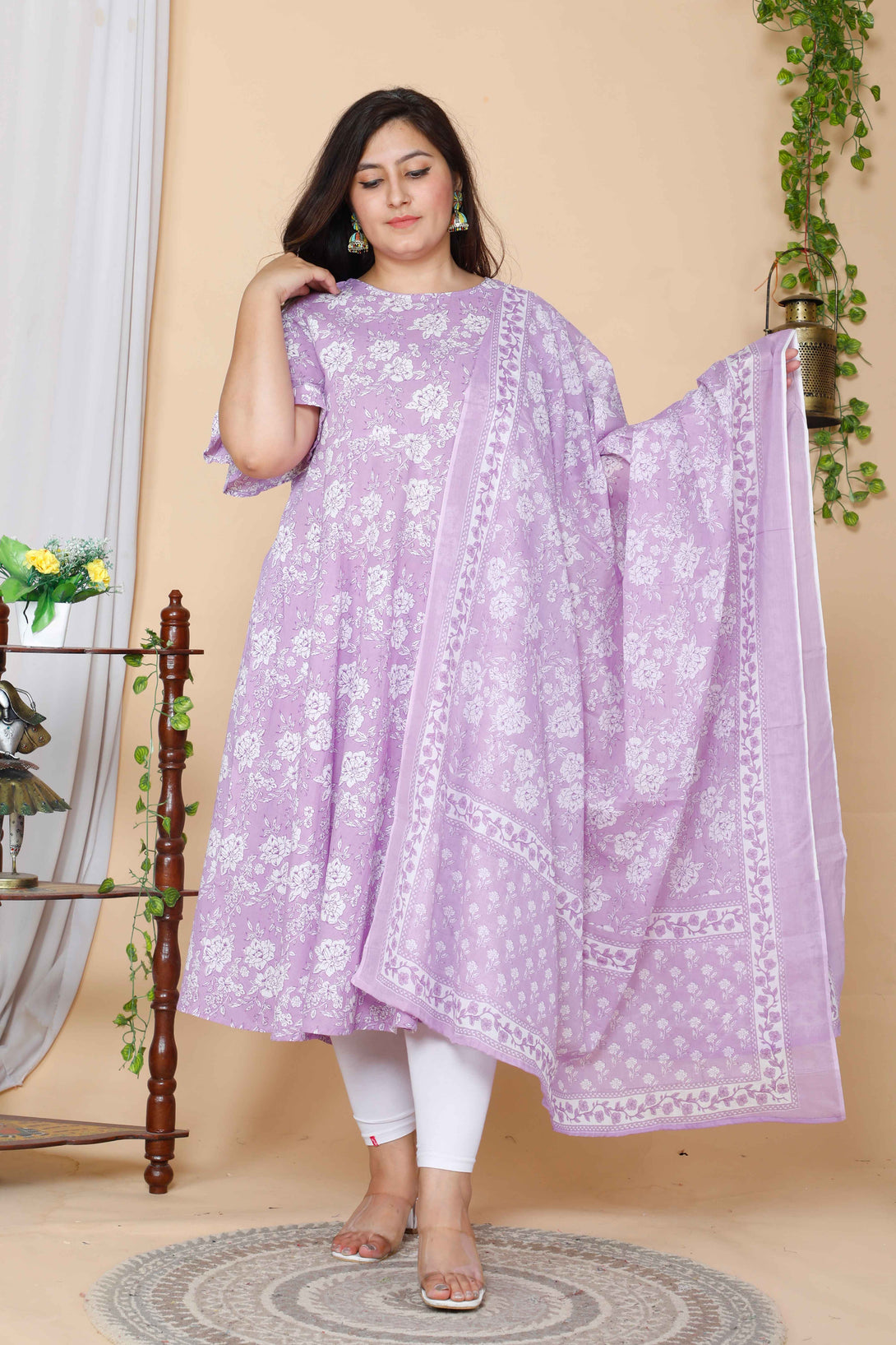 Women's Plus Size Lavender Floral Flared Sleeves Anarkali Kurta With Dupatta - Miravan