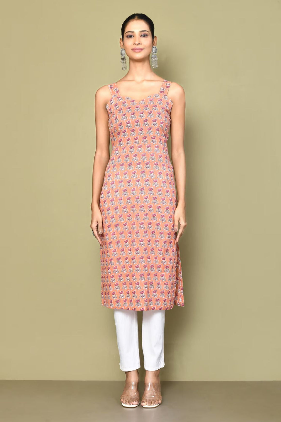 Women's Peach-Coloured Floral Printed Kurta - Miravan