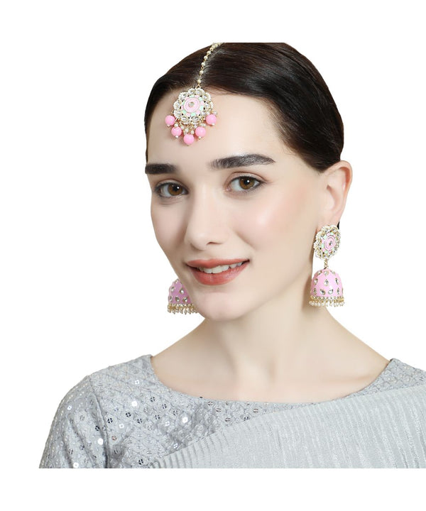 Women's Statement Gold Plated Enameled Pink Color Kundan and Pearl Studded Maangtika and Jhumka Earring Set - MODE MANIA