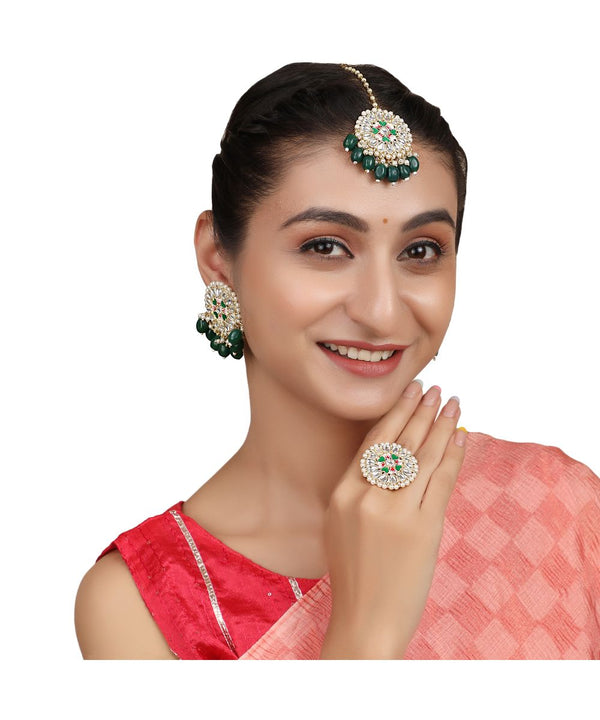 Women's Gold Plated Round shape Kundan and Pearl Studded Maang-tikka,Earrings and Ring Set - MODE MANIA