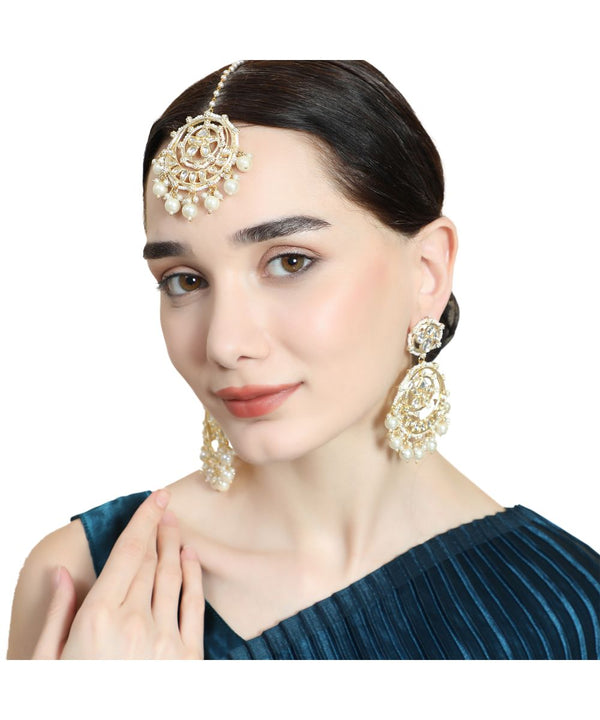 Women's Gold Plated Kundan and Pearl Studded Chandbali Maang-tikka and Jhumka Earring Set - MODE MANIA