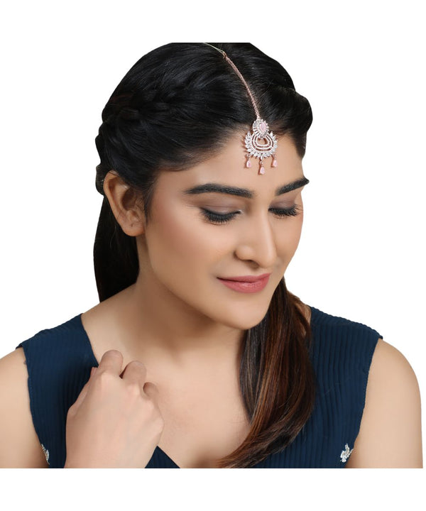 Women's Silver Plated American Diamond studded Pink colored stone Statement Maang-tikka - MODE MANIA