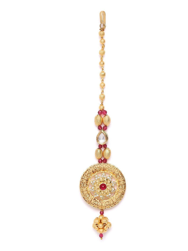 Women's Gold Plated Ruby Studded Red Maang Tikka - Priyaasi