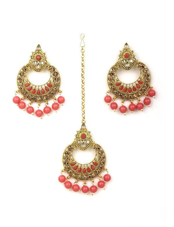 Women's Kundan Pink Stone MaangTikka Earring Set - Priyaasi