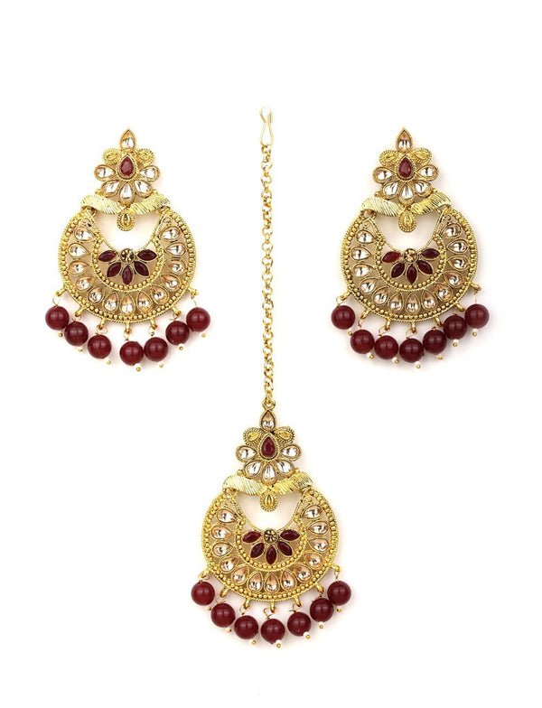 Women's Kundan Maroon Stone MaangTikka Earring Set - Priyaasi