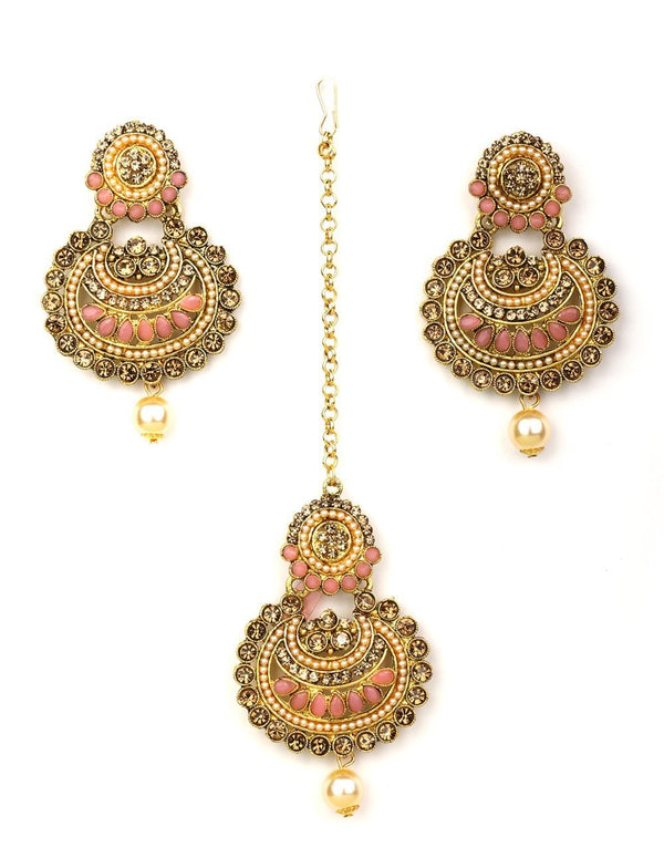 Women's Kundan Pink Stone MaangTikka Earring Set - Priyaasi