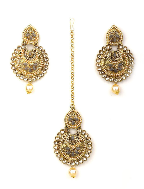 Women's Kundan Grey Stone MaangTikka Earring Set - Priyaasi