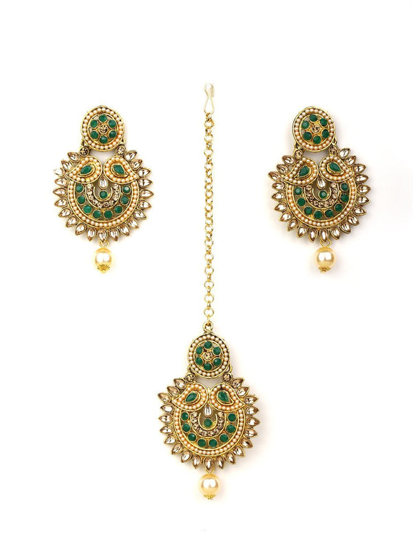 Women's Kundan Green Stone MaangTikka Earring Set - Priyaasi