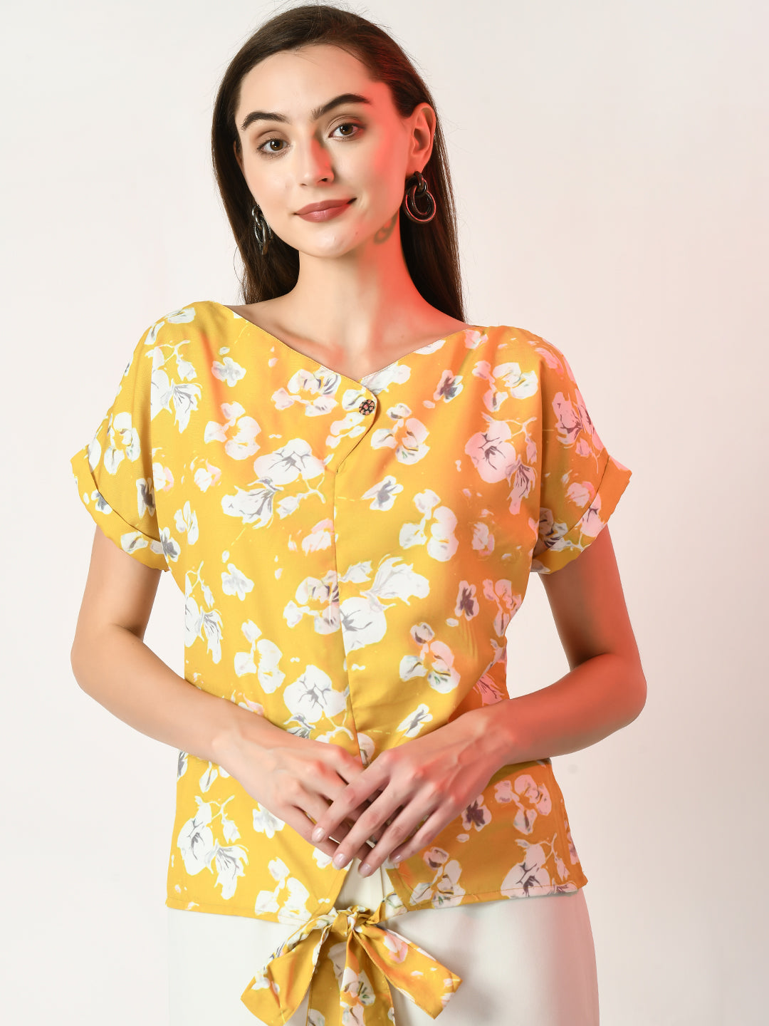 Women's Yellow Printed Top  - Myshka