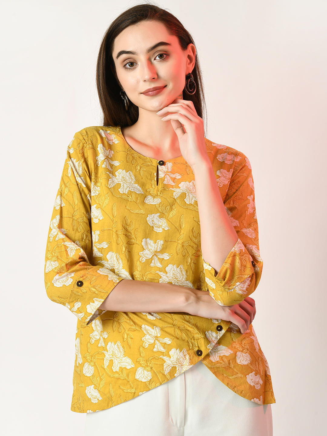 Women's Yellow Printed Top  - Myshka