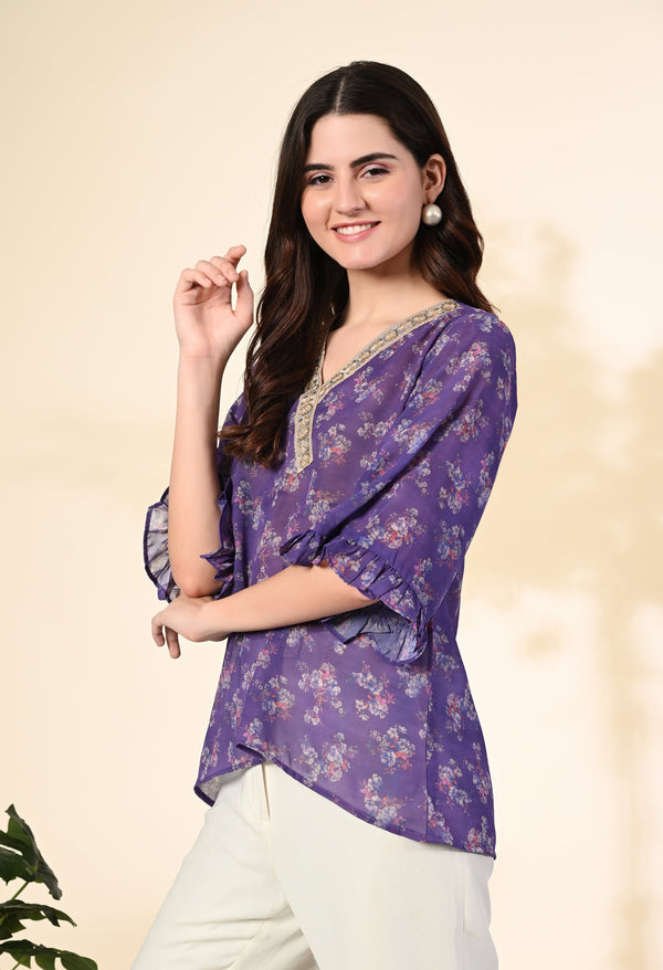 Women's Purple Georgette Printed Party Top - Myshka