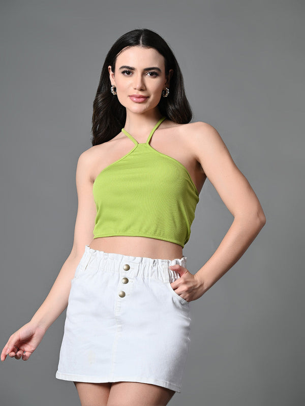 Women's Green Ribbed Solid Casual Top - Myshka