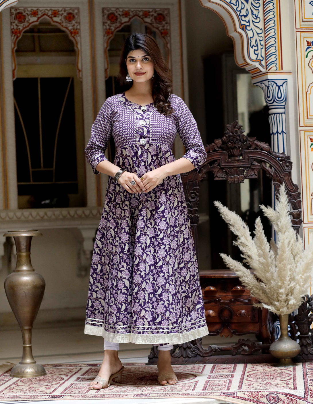 Women's Purple Cotton Floral Gota Lace Work Anarkali Kurta - Miravan