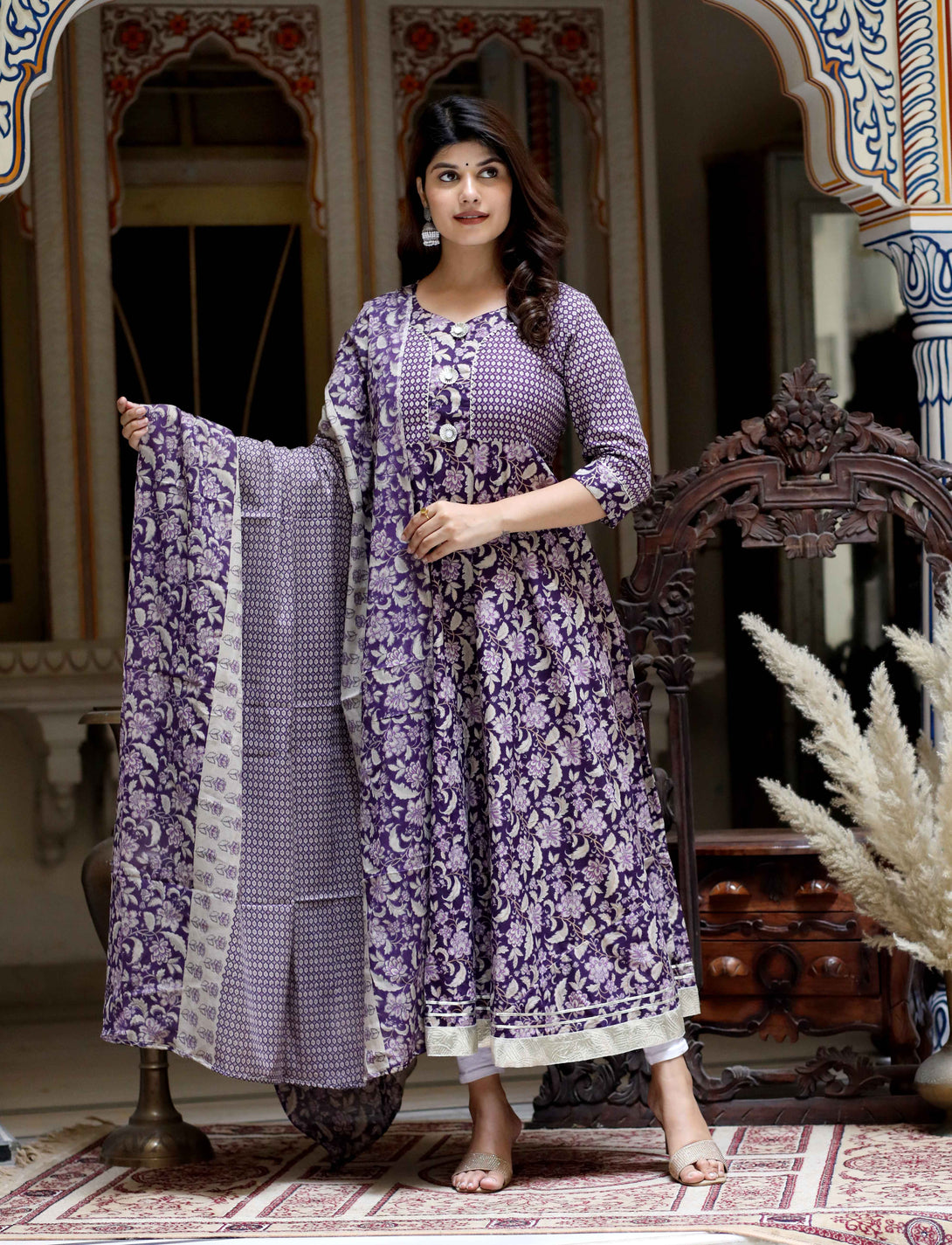 Women's Purple Cotton Floral Gota Lace Work Anarkali Kurta And Dupatta - Miravan